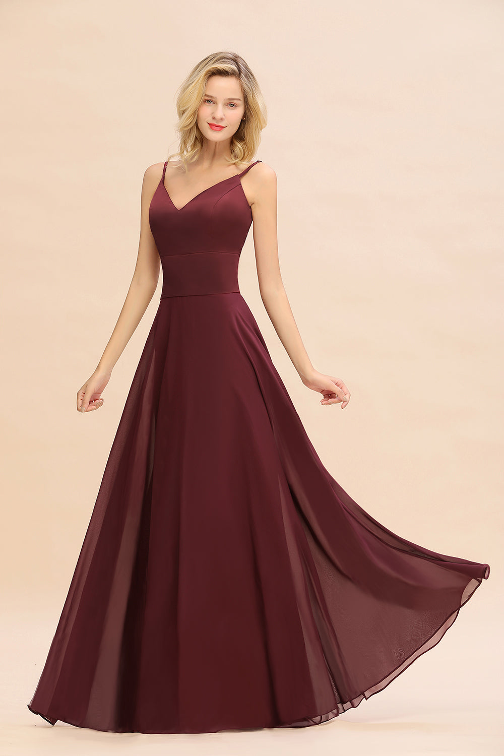 Simple Satin Chiffon Spaghetti-Straps Burgundy Long Bridesmaid Dress-Babyonlines