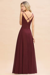 Simple Satin Chiffon Spaghetti-Straps Burgundy Long Bridesmaid Dress-Babyonlines