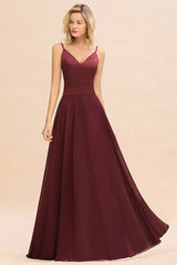 Simple Satin Chiffon Spaghetti-Straps Burgundy Long Bridesmaid Dress-Babyonlines