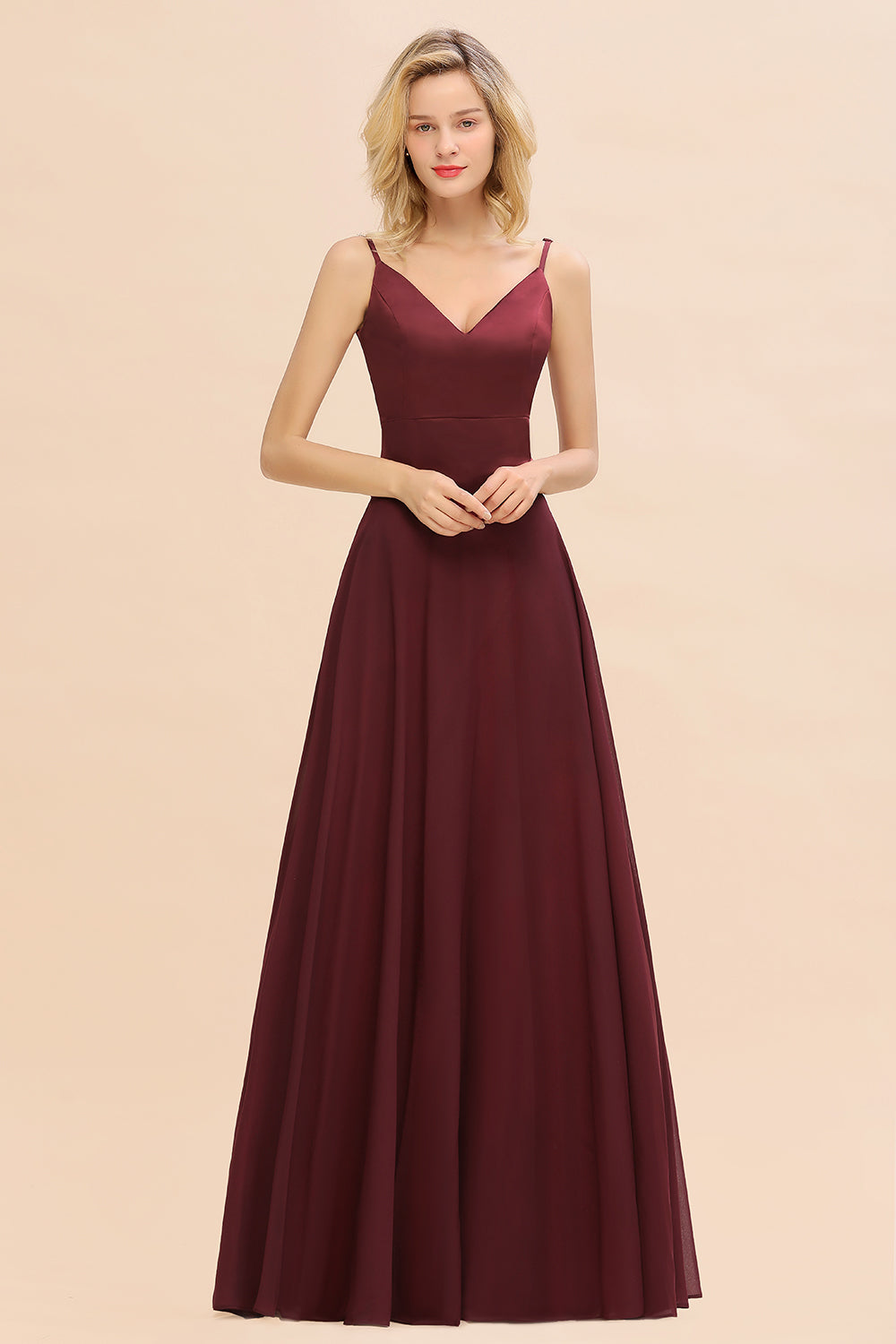 Simple Satin Chiffon Spaghetti-Straps Burgundy Long Bridesmaid Dress-Babyonlines