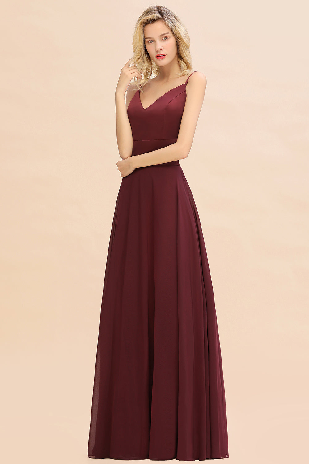 Simple Satin Chiffon Spaghetti-Straps Burgundy Long Bridesmaid Dress-Babyonlines