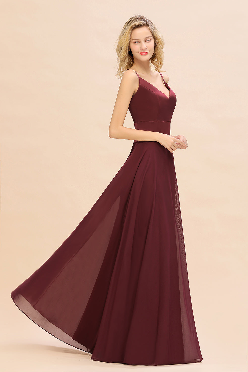 Simple Satin Chiffon Spaghetti-Straps Burgundy Long Bridesmaid Dress-Babyonlines