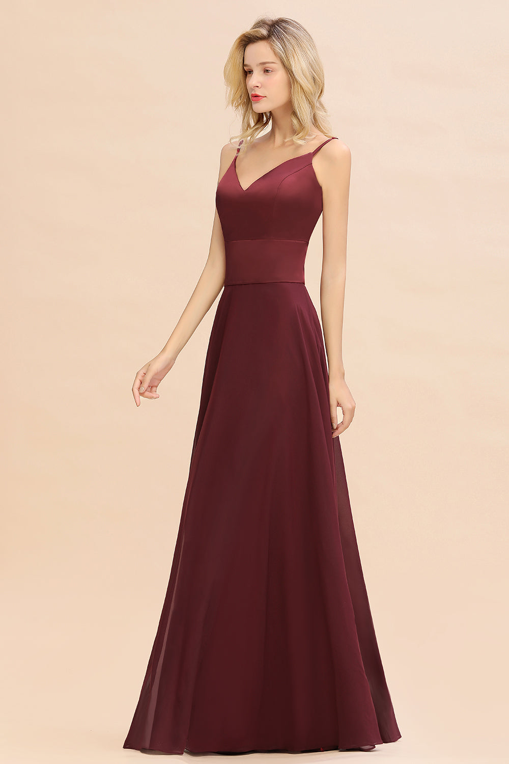 Simple Satin Chiffon Spaghetti-Straps Burgundy Long Bridesmaid Dress-Babyonlines