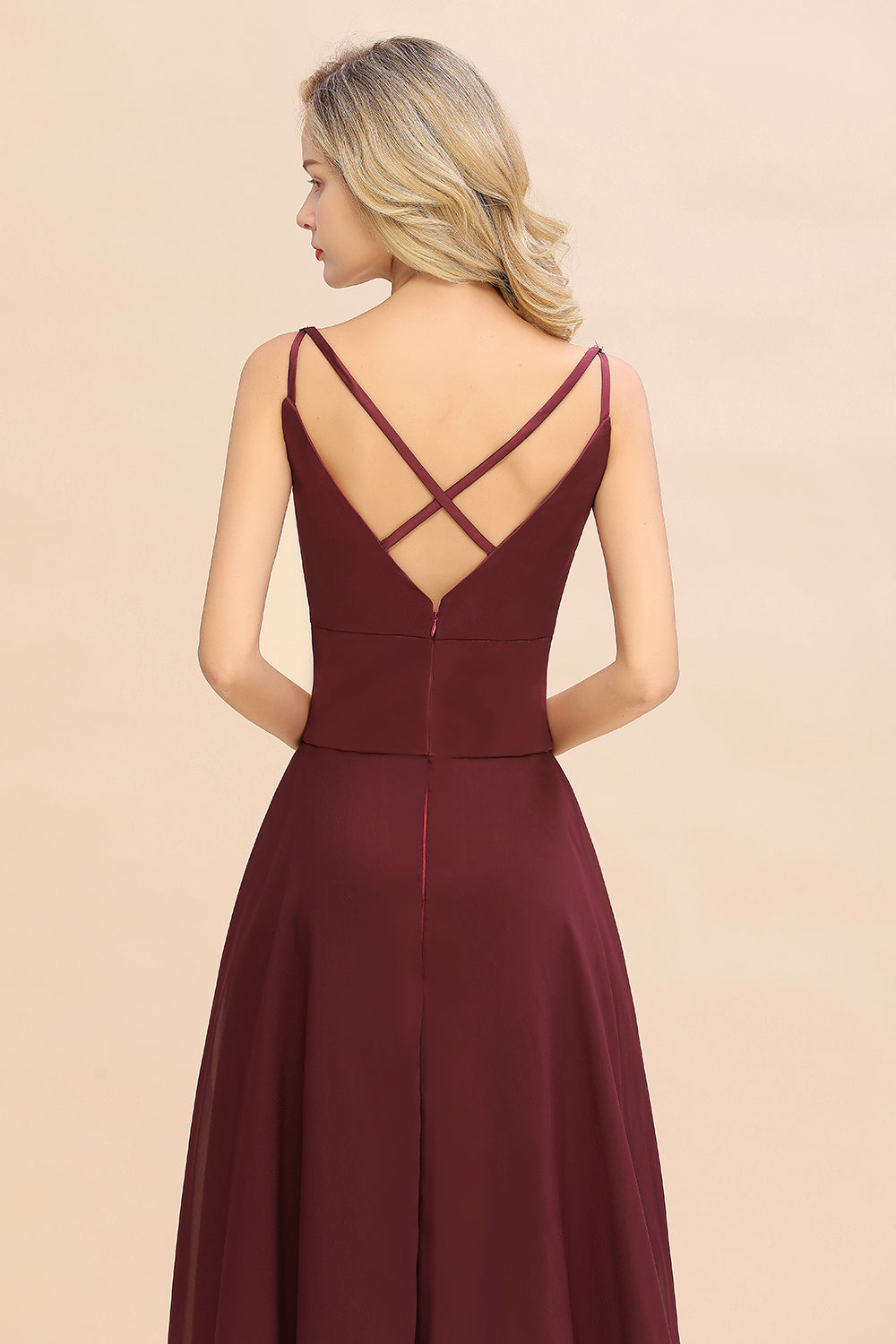 Simple Satin Chiffon Spaghetti-Straps Burgundy Long Bridesmaid Dress-Babyonlines