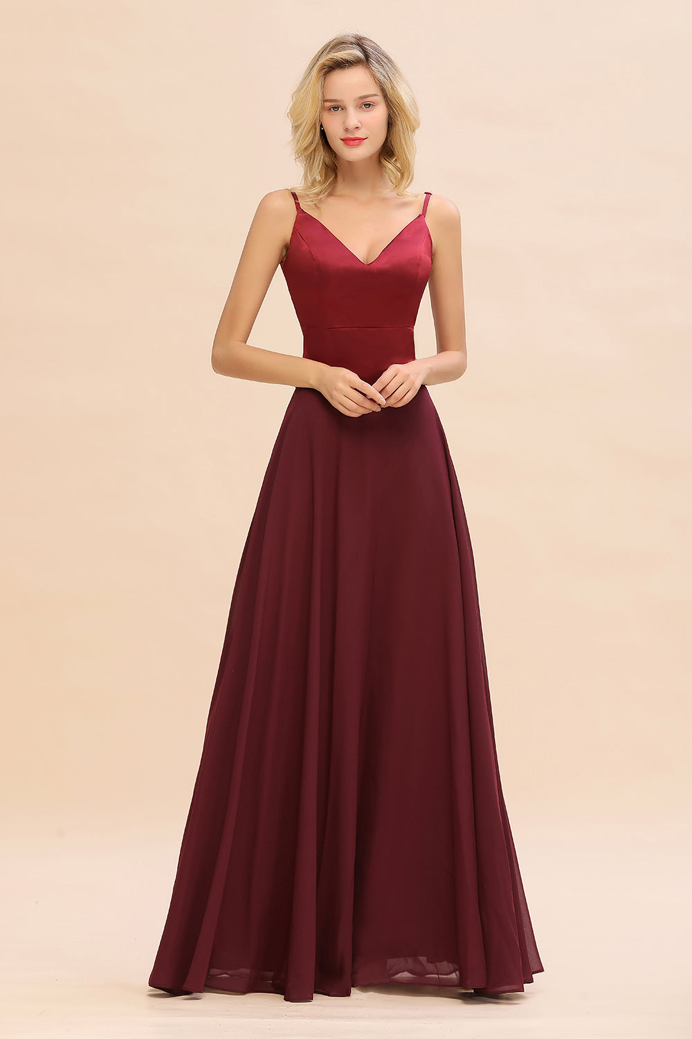 Simple Satin Chiffon Spaghetti-Straps Burgundy Long Bridesmaid Dress-Babyonlines