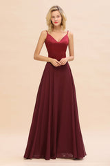 Simple Satin Chiffon Spaghetti-Straps Burgundy Long Bridesmaid Dress-Babyonlines