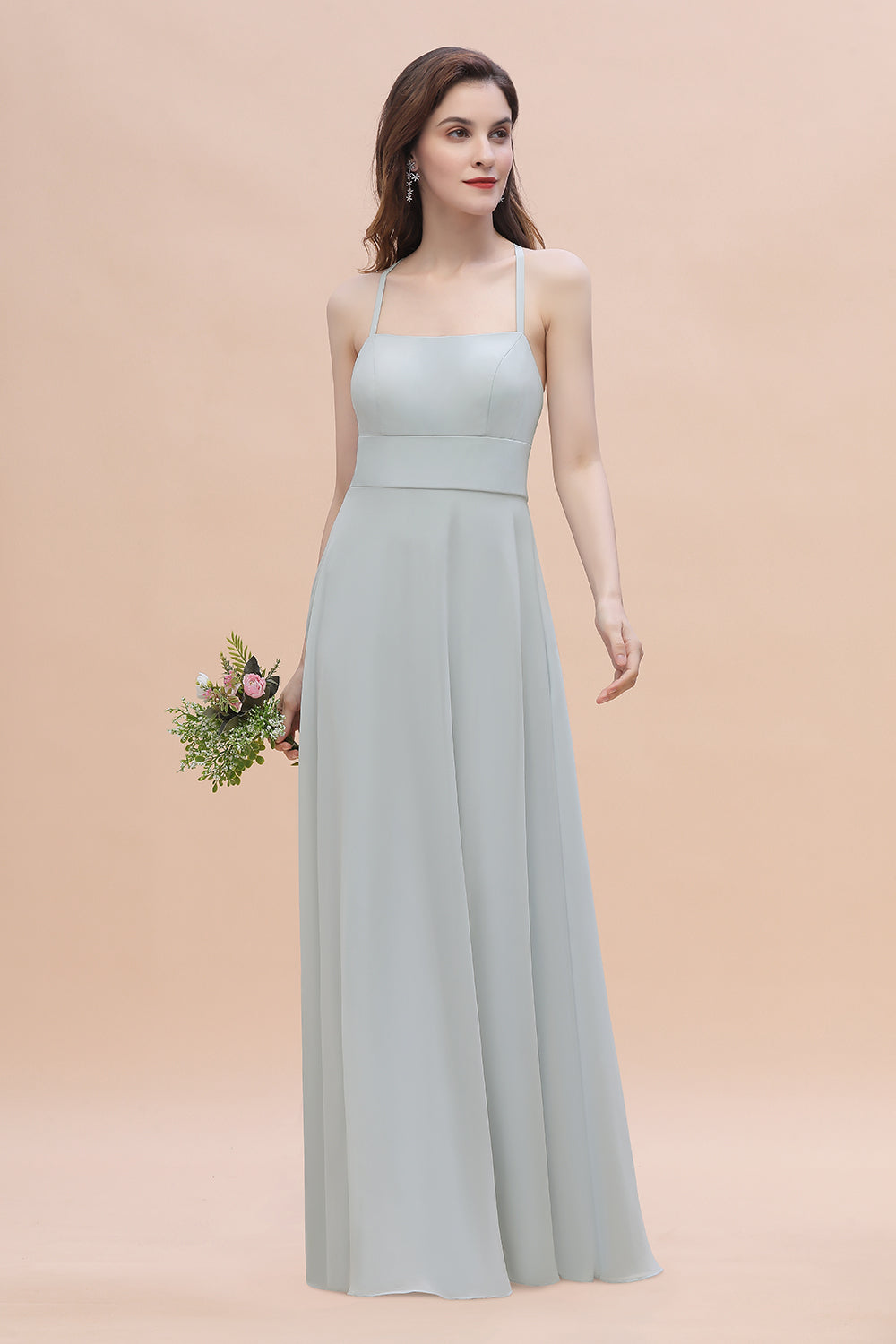 Simple Straps A-line Chiffon Mist Bridesmaid Dress with Ruffles Online-Babyonlines