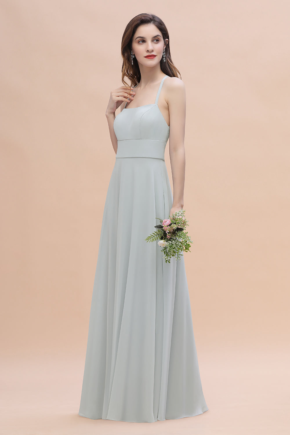 Simple Straps A-line Chiffon Mist Bridesmaid Dress with Ruffles Online-Babyonlines