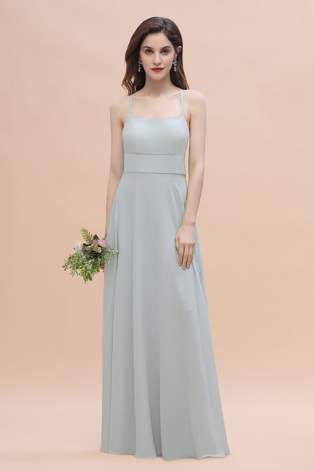 Simple Straps A-line Chiffon Mist Bridesmaid Dress with Ruffles Online-Babyonlines