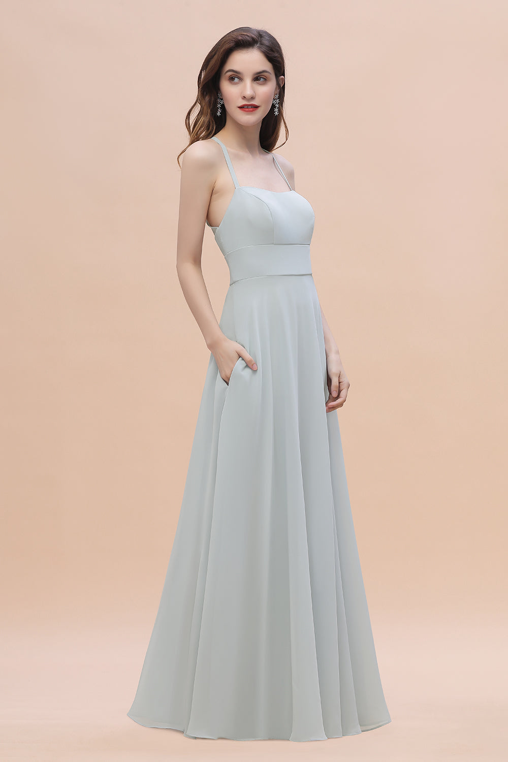 Simple Straps A-line Chiffon Mist Bridesmaid Dress with Ruffles Online-Babyonlines