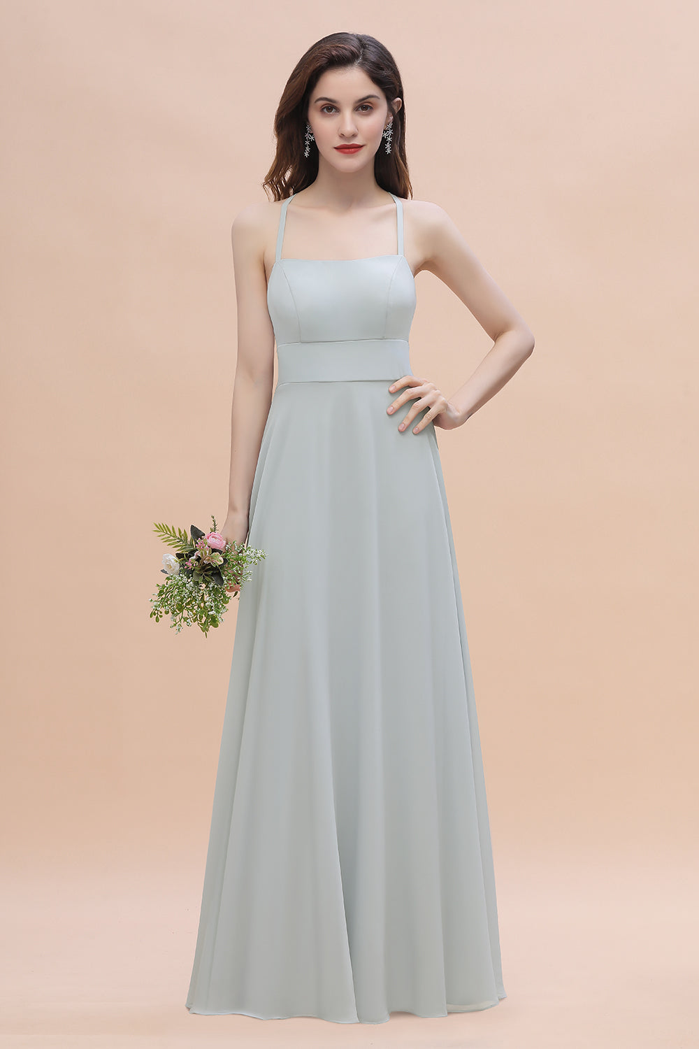 Simple Straps A-line Chiffon Mist Bridesmaid Dress with Ruffles Online-Babyonlines