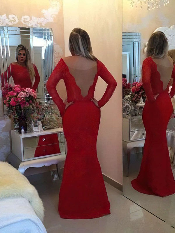 Sophisticated Trumpet/Mermaid Scoop Neck Lace Prom Dress with Floor-length Sashes / Ribbons