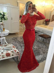 Sophisticated Trumpet/Mermaid Scoop Neck Lace Prom Dress with Floor-length Sashes / Ribbons