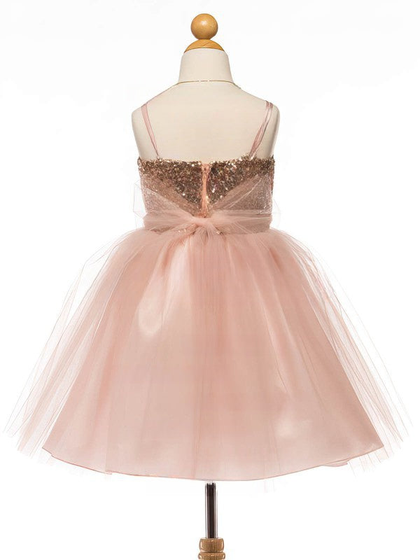 Sparkly A-Line Square Neckline Tulle Sequined Bow Knee-Length Flower Girl Dress