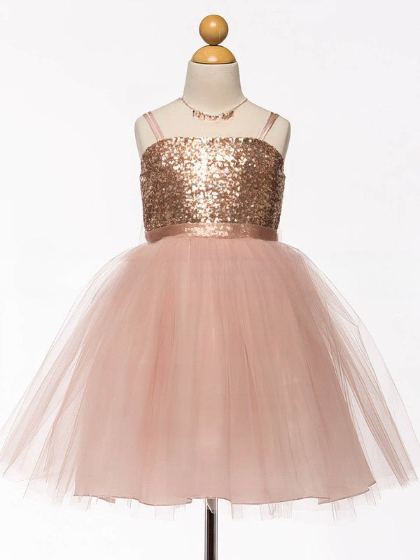 Sparkly A-Line Square Neckline Tulle Sequined Bow Knee-Length Flower Girl Dress