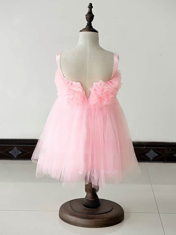 Square Neckline Ball Gown Tulle Flower Girl Dress with Ruffles Knee-length