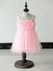 Square Neckline Ball Gown Tulle Flower Girl Dress with Ruffles Knee-length