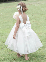 Square Neckline Ball Gown Tulle Tea-length Flower Girl Dresses with Bow