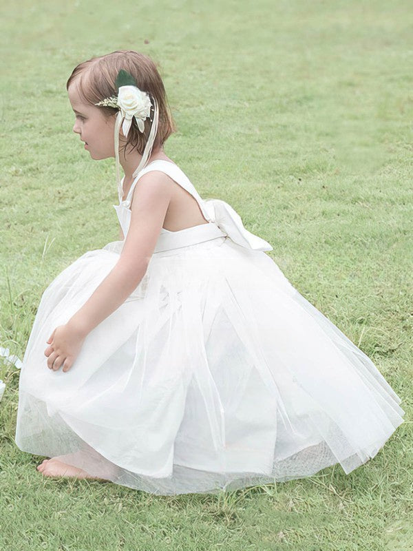 Square Neckline Ball Gown Tulle Tea-length Flower Girl Dresses with Bow