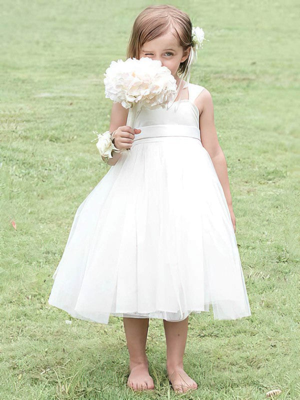 Square Neckline Ball Gown Tulle Tea-length Flower Girl Dresses with Bow