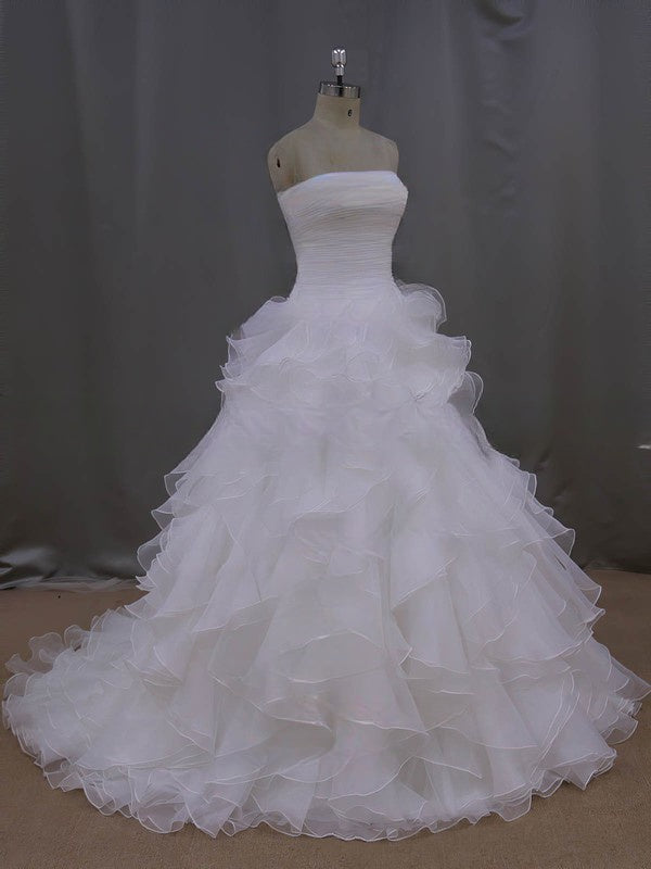 Straight Organza Court Train Wedding Dress with Tiered Ball Gown