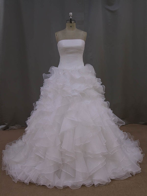 Straight Organza Court Train Wedding Dress with Tiered Ball Gown