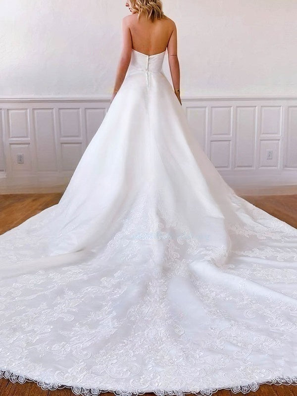 Straight Satin Chapel Train Wedding Dress with Pockets - Ball Gown Style