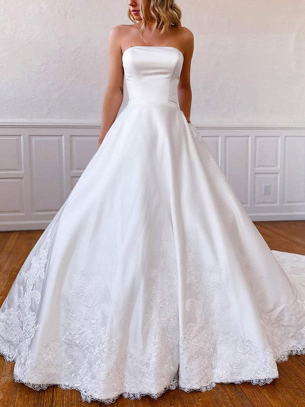 Straight Satin Chapel Train Wedding Dress with Pockets - Ball Gown Style