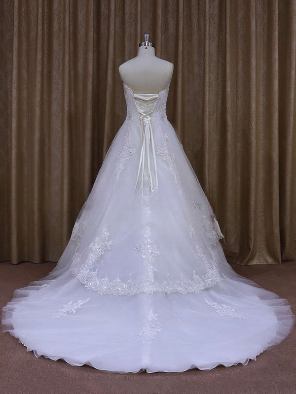 Straight Tulle Chapel Train Wedding Dress With Beading and Ball Gown