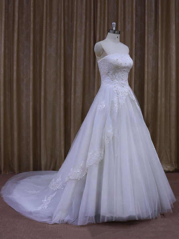 Straight Tulle Chapel Train Wedding Dress With Beading and Ball Gown