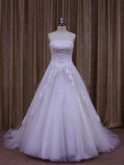 Straight Tulle Chapel Train Wedding Dress With Beading and Ball Gown