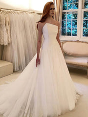 Straight Tulle Sweep Train Ball Gown Wedding Dresses