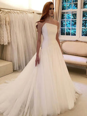 Straight Tulle Sweep Train Ball Gown Wedding Dresses