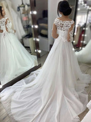 Stunning Ball Gown Illusion Tulle Sweep Train Wedding Dresses With Appliques Lace