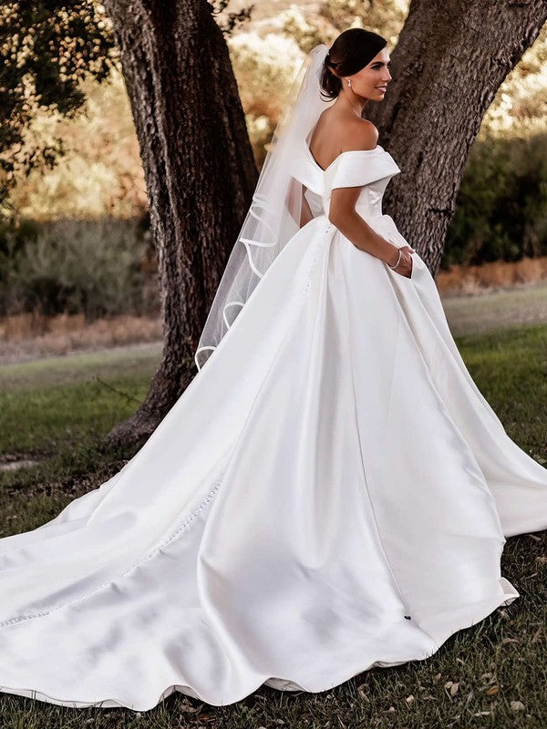 Stunning Off-the-shoulder Satin Ball Gown Wedding Dress With Pockets