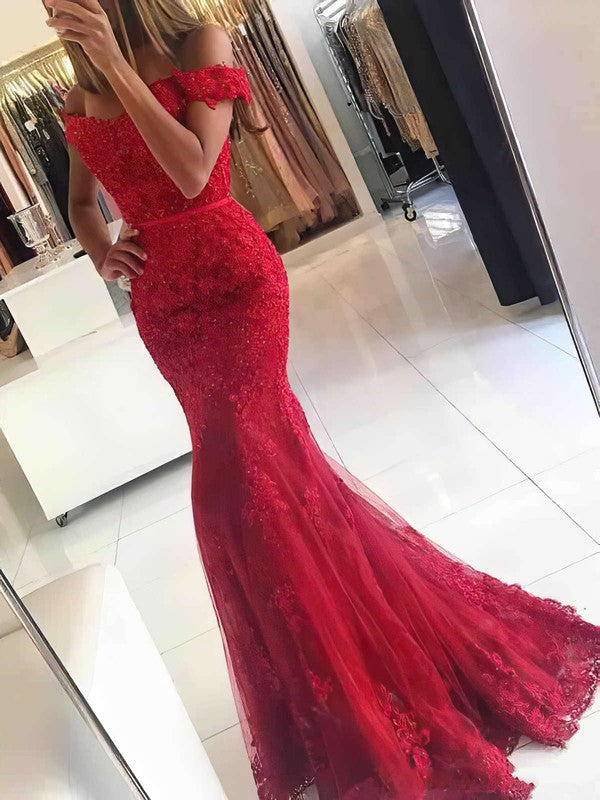 Stunning Off-the-shoulder Tulle Appliques Lace Prom Dress with Trumpet/Mermaid Floor-length