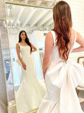 Stunning Trumpet/Mermaid Square Neckline Satin Sweep Train Wedding Dresses With Bow