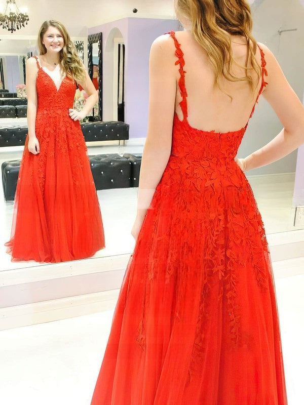 Stunning V-neck Lace Tulle Prom Dress with Sweep Train and Appliques