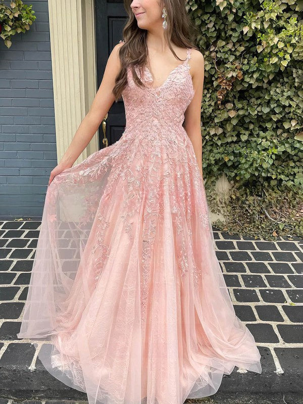 Stunning V-neck Lace Tulle Prom Dress with Sweep Train and Appliques