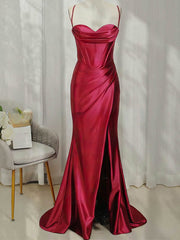 Sweetheart Spaghetti Straps Sheath Prom Dress with Column Sweep Train and Ruffles