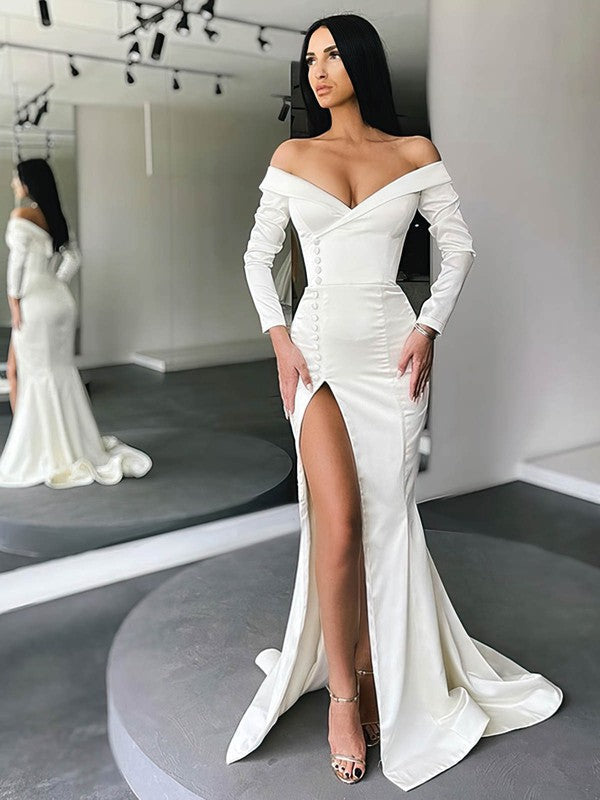 Trumpet Mermaid Off-the-shoulder Satin Sweep Train Wedding Dress with Split Front