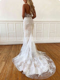 Trumpet/Mermaid Halter Lace Sweep Train Wedding Dress With Appliques Lace