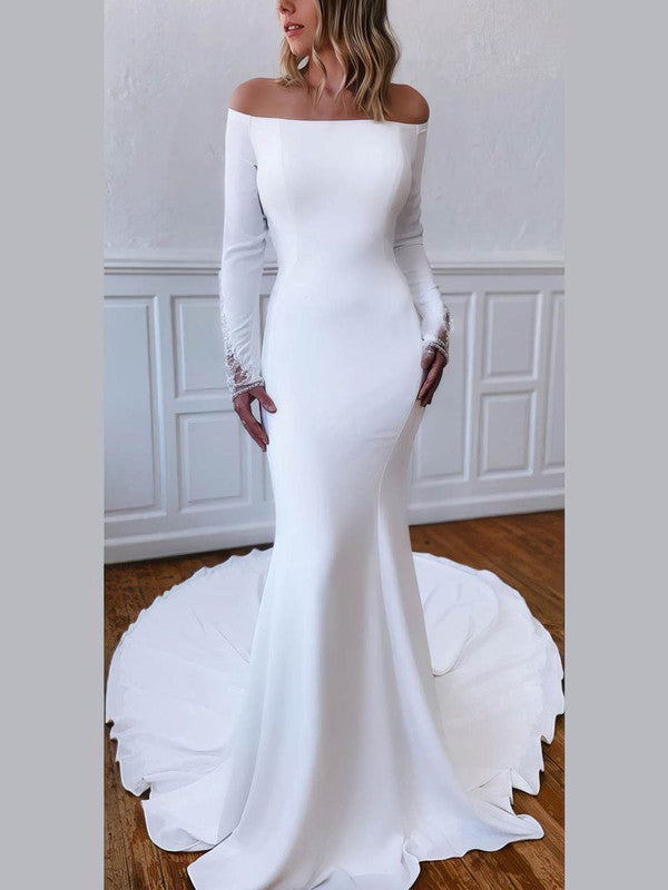 Trumpet/Mermaid Off-the-shoulder Stretch Crepe Sweep Train Wedding Dresses With Appliques Lace