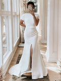 Trumpet/Mermaid Scoop Neck Stretch Crepe Sweep Train Wedding Dress with Split Front