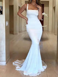 Trumpet/Mermaid Square Neckline Stretch Crepe Sweep Train Wedding Dresses