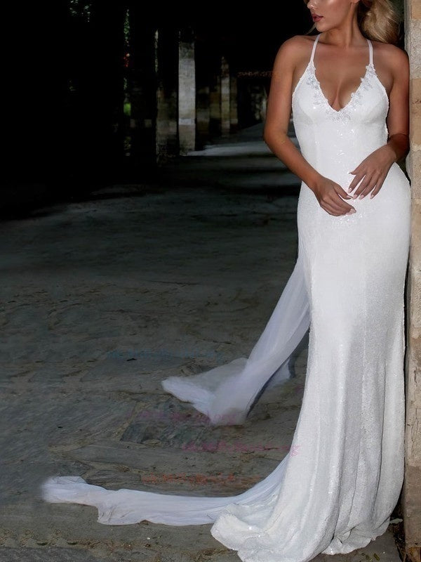 Trumpet/Mermaid V-neck Lace Sequined Watteau Train Wedding Dress with Appliques Lace