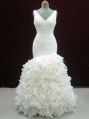 Trumpet/Mermaid V-neck Organza Wedding Dress With Tiered Sweep Train