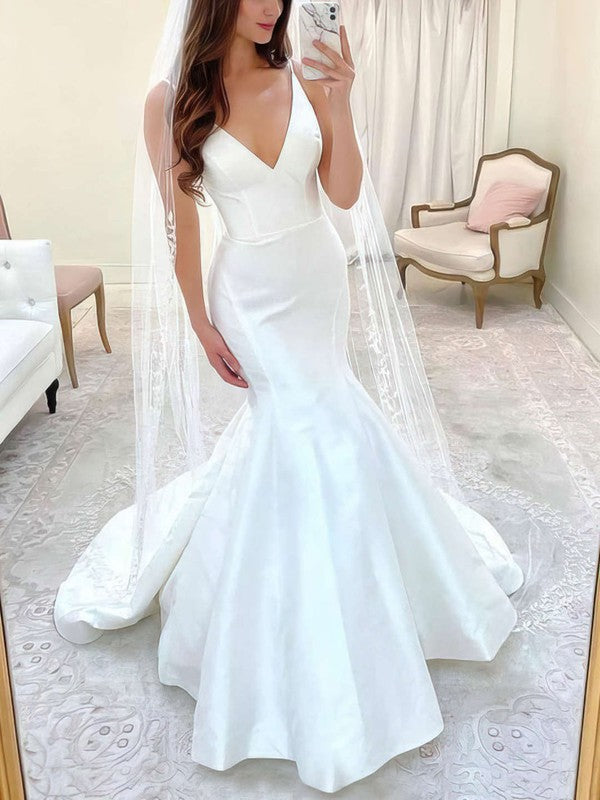 Trumpet/Mermaid V-neck Satin Floor-length Wedding Dress