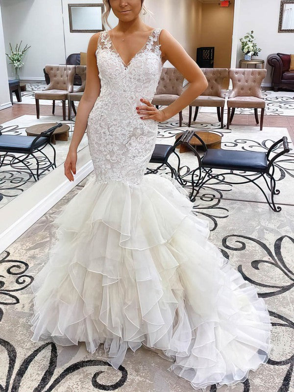 Trumpet/Mermaid V-neck Tulle Sweep Train Wedding Dress with Tiered Skirt