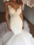 Tulle Chapel Train V-neck Trumpet/Mermaid Wedding Dress with Appliques Lace